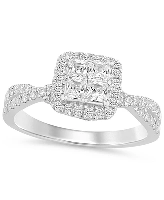 Diamond Princess Halo Cluster Engagement Ring (1 ct. t.w) in 14k White Gold