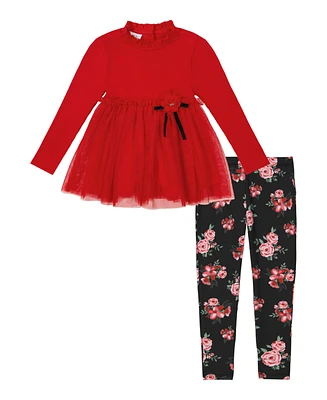 Kids Headquarters Toddler and Little Girls Ribbing Mesh Tunic & Floral Leggings, 2 Piece Set