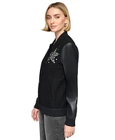 Karl Lagerfeld Paris Women's Embellished Mixed-Media Varsity Jacket