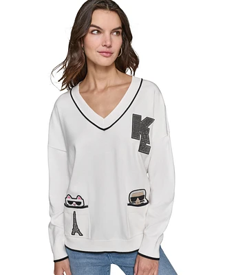 Karl Lagerfeld Paris Women's Women's V-Neck Embellished Varsity Sweater