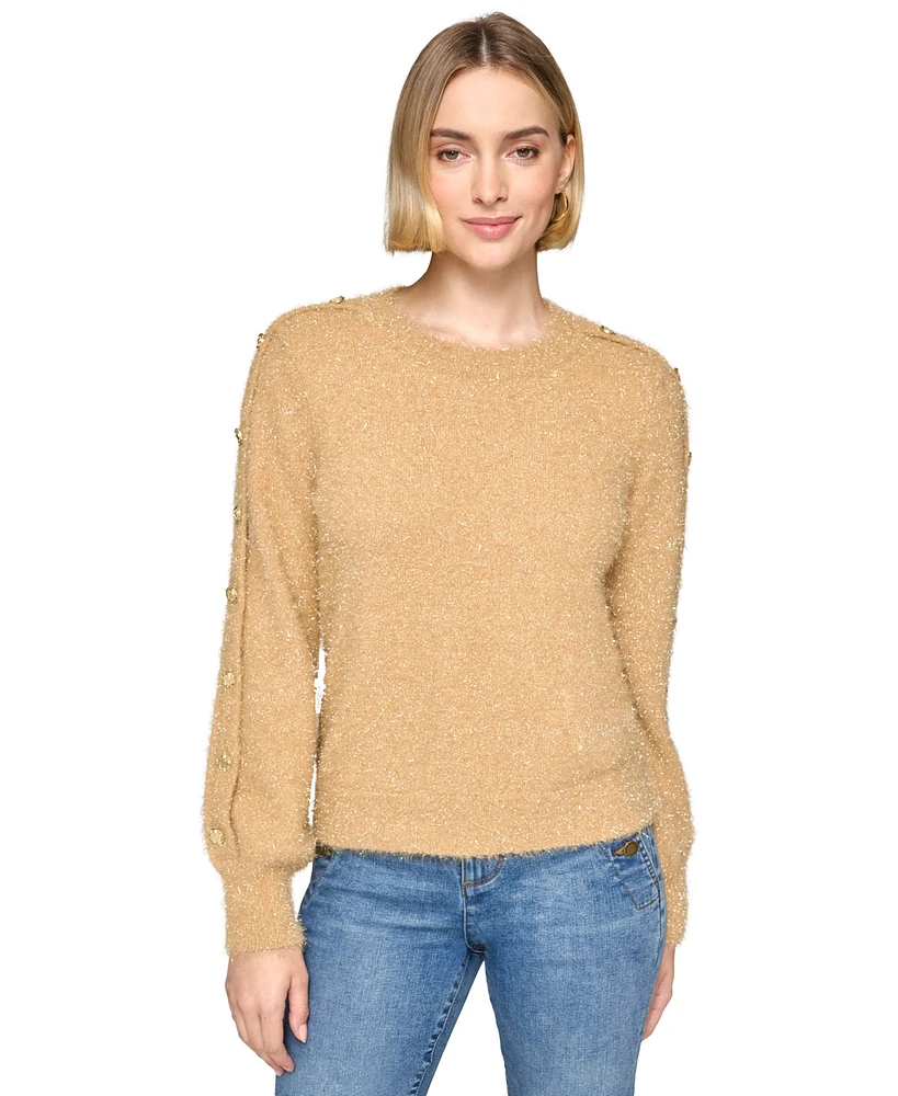 Karl Lagerfeld Paris Women's Button-Sleeve Shine Crewneck Sweater