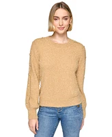 Karl Lagerfeld Paris Women's Button-Sleeve Shine Crewneck Sweater