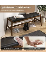 Costway 1 Pcs 50" Long Solid Wood Dining Bench with Faux Leather Padded Seat Rubber Wood Frame