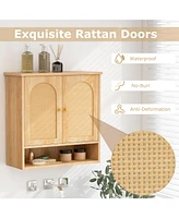 Skonyon Medicine Cabinet with 2 Rattan Doors for Laundry Room Kitchen Entryway-Natural