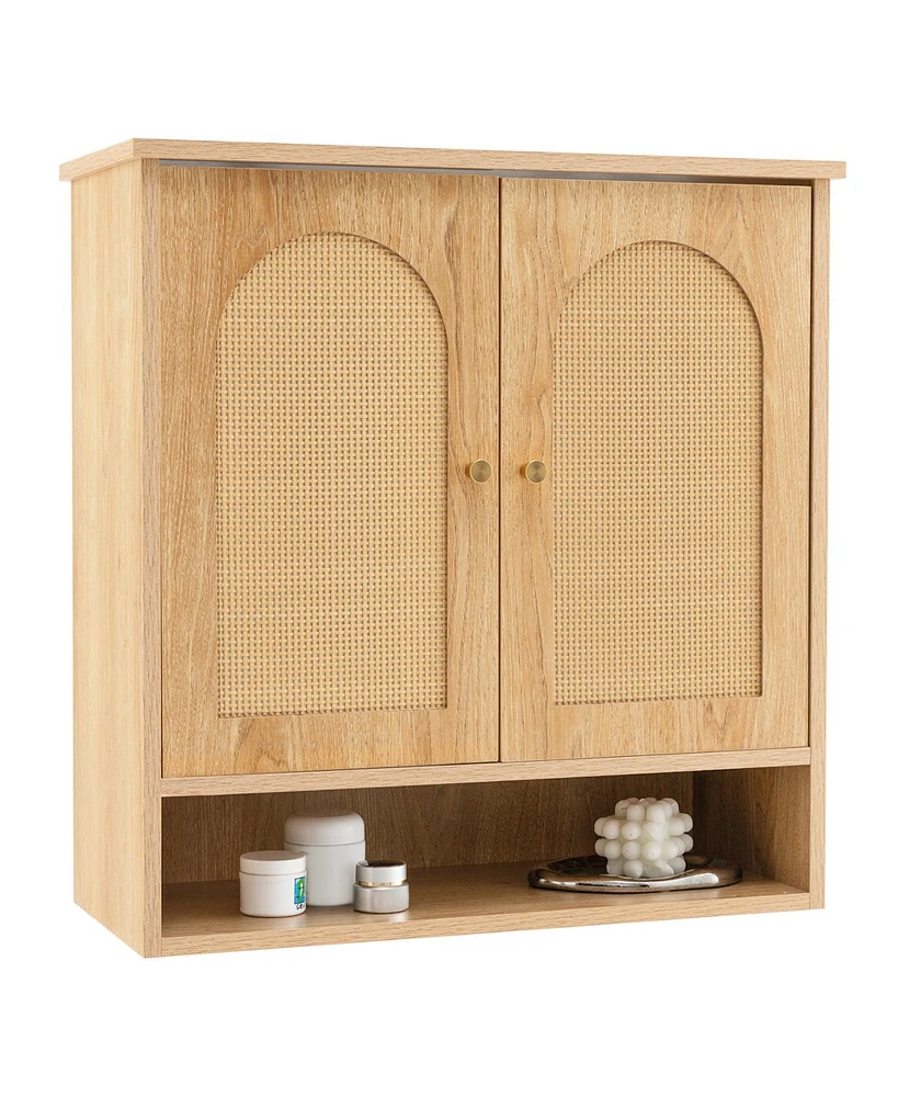 Skonyon Medicine Cabinet with 2 Rattan Doors for Laundry Room Kitchen Entryway-Natural