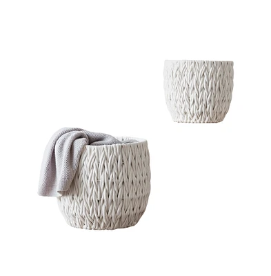 Home Outfitters S/2 V-Weave Round Baskets, White