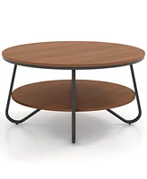 Costway 2-Tier Round Coffee Table with Wood Grain Finish & Heavy-duty Metal Frame