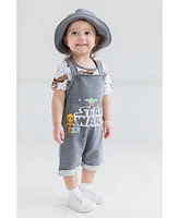 Starwars Baby Boys Star Wars Chewbacca R2-D2 Yoda French Terry Short Overalls T-Shirt and Hat 3 Piece Outfit Set Newborn to - R2