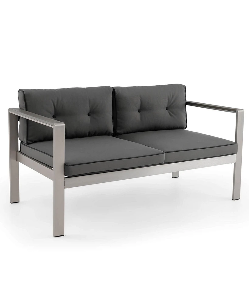 Costway Patio Aluminum Loveseat Sofa Outdoor Chair with Wpc Armrests & Cushions Backyard