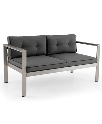 Costway Patio Aluminum Loveseat Sofa Outdoor Chair with Wpc Armrests & Cushions Backyard