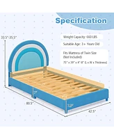 Gymax Kids Twin Platform Bed Frame Upholstered w/ Wooden Slats Support Blue