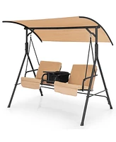 Costway 2-Person Canopy Porch Swing Padded Chair Cooler Bag Rotatable Tray Beige