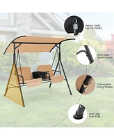 Costway 2-Person Canopy Porch Swing Padded Chair Cooler Bag Rotatable Tray Beige