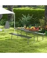 Costway Folding Picnic Table with 2 Benches All Weather Wood-like Tabletop Umbrella Hole