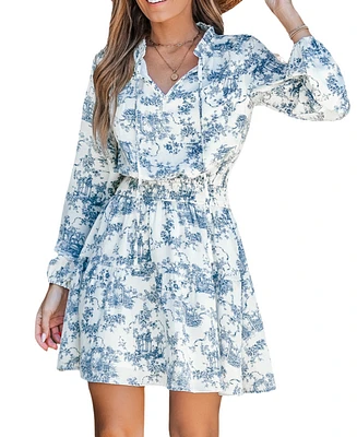 Cupshe Women's Blue & White Toile Long Sleeve Mini Beach Dress