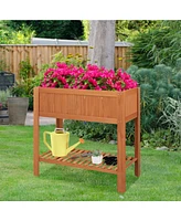 Skonyon Outdoor Raised Garden Bed Fir Wood Planter Box with Bottom Storage Shelf and Protective Liner-Brown