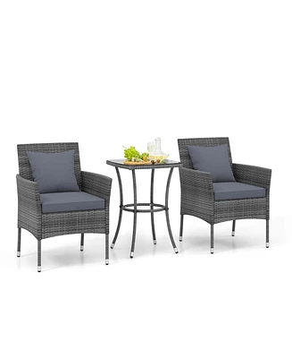 3 Pcs Patio Furniture Set with Cushioned Chairs & Tempered Glass Coffee Table