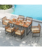 Sugift 7 Pieces Patio Acacia Wood Dining Set with Soft Cushions and Umbrella Hole