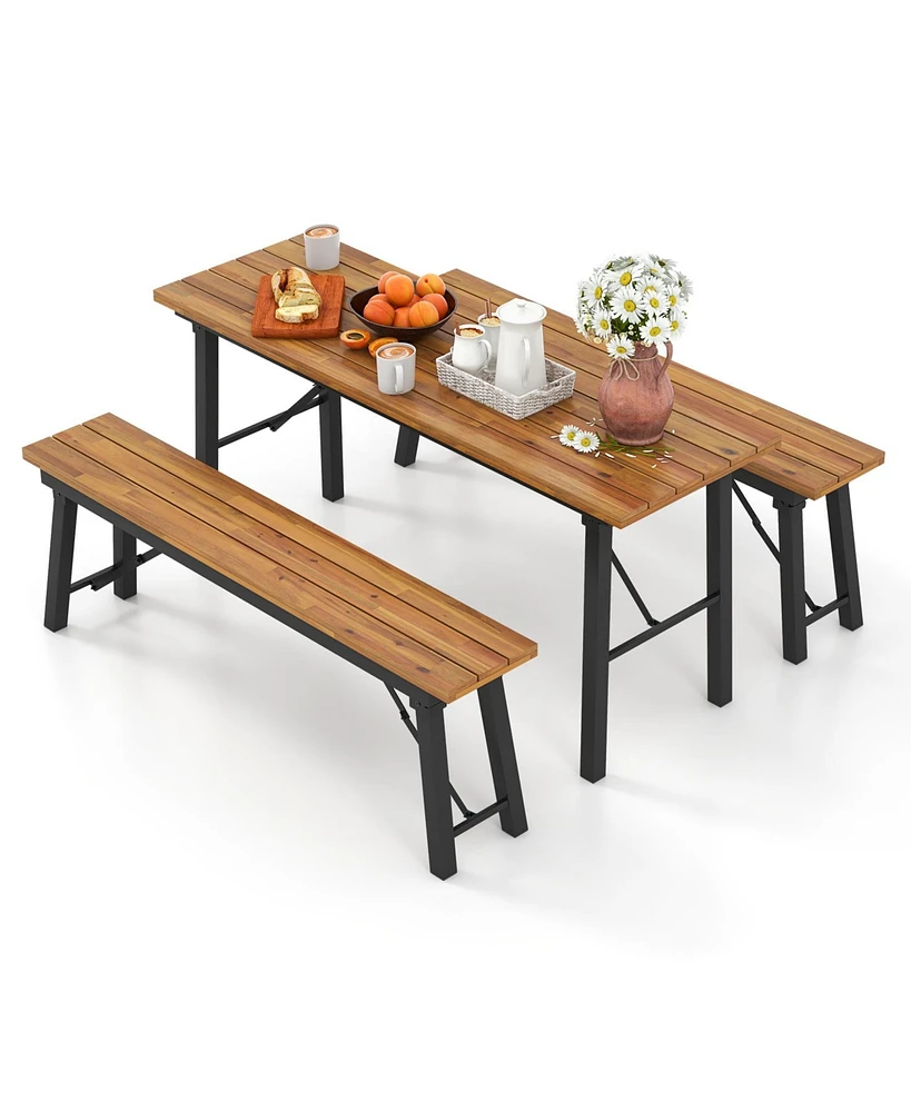 Sugift Outdoor Dining Table and Bench Set with Acacia Wood Top