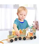 Costway Kids Wooden Train Set Toddler 3-Section Toy Train with Stackable Building Blocks