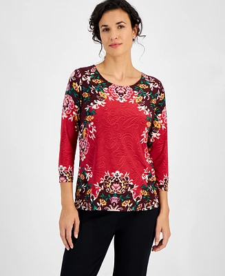 Jm Collection Women's Printed Jacquard 3/4-Sleeve Top, Created for Macy's