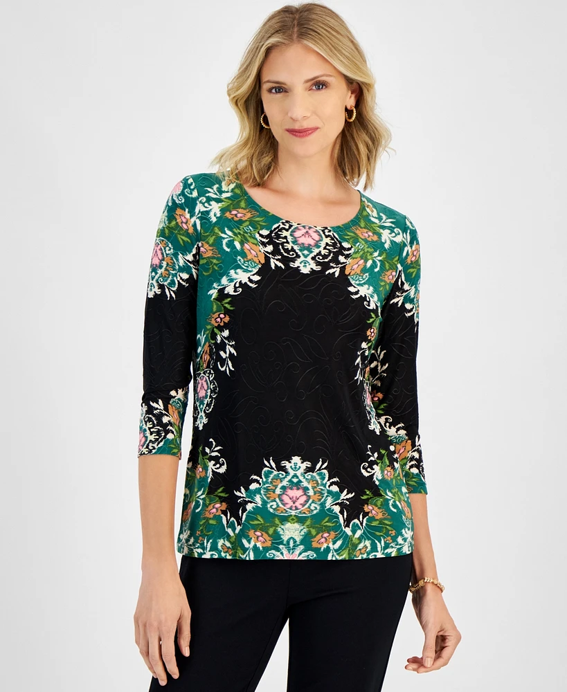 Jm Collection Women's Printed Jacquard 3/4-Sleeve Top, Created for Macy's