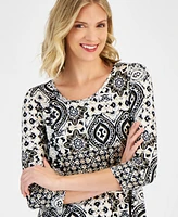 Jm Collection Petite Regal Tiles 3/4-Sleeve Top, Created for Macy's