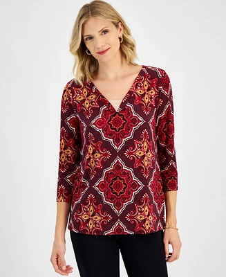 Jm Collection Women's Printed 3/4-Sleeve V-Neck Top, Created for Macy's