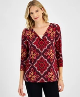 Jm Collection Women's Printed 3/4-Sleeve V-Neck Top, Created for Macy's