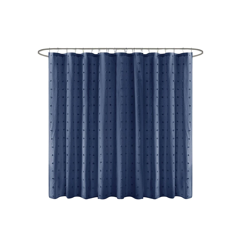 Home Outfitters Indigo Blue 100% Cotton Jacquard Pom Shower Curtain 70"W x 72"L, for Bathrooms, Casual