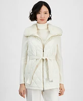 Anne Klein Women's Faux-Fur-Collar Quilted Vest