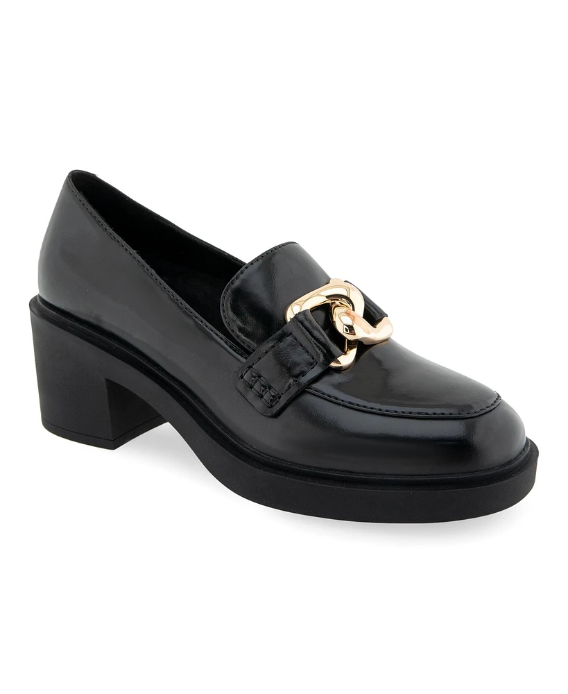 Aerosoles Women's Gibbon Block Heel Loafer - Black Burnished Faux Leather