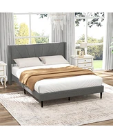 Costway Queen Bed Frame Modern Platform with Linen Upholstered Wingback Headboard