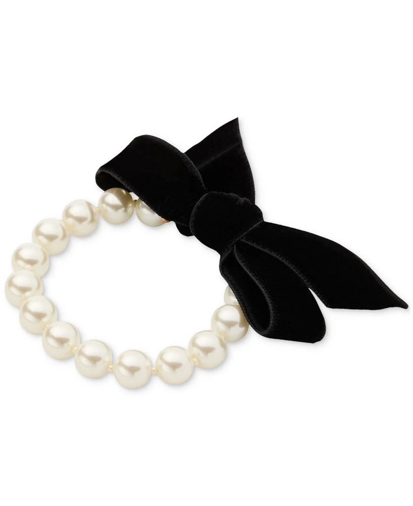 Kate Spade New York Gold-Tone Velvet Bow Imitation Pearl Stretch Bracelet