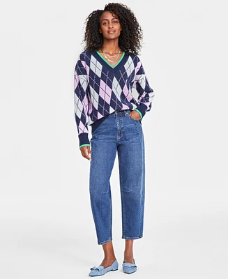 On 34th Women's Argyle V-Neck Drop-Shoulder Sweater, Created for Macy's