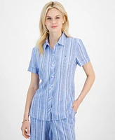 Tommy Hilfiger Women's Linen-Blend Striped Short-Sleeve Shirt