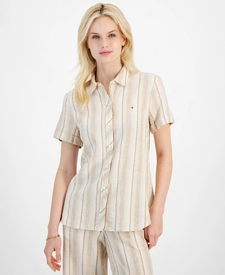 Tommy Hilfiger Women's Linen-Blend Striped Short-Sleeve Shirt