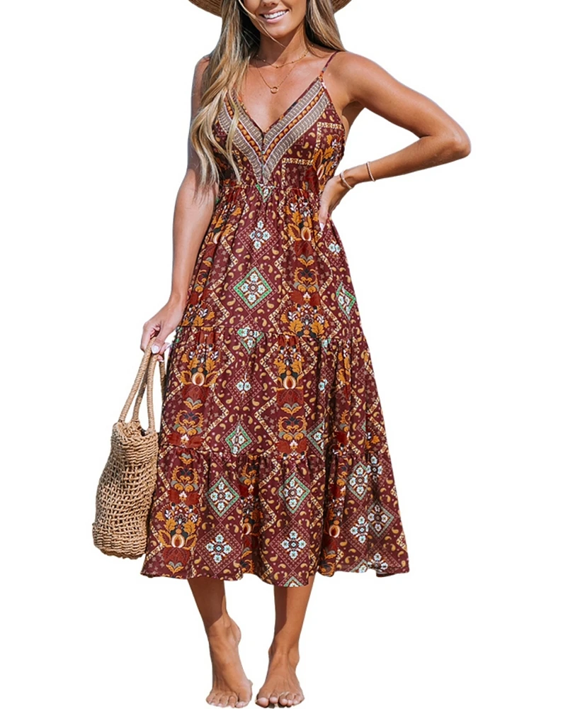 Cupshe Women's Brick-and-Orange Boho Sleeveless Maxi Beach Dress