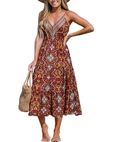 Cupshe Women's Brick-and-Orange Boho Sleeveless Maxi Beach Dress