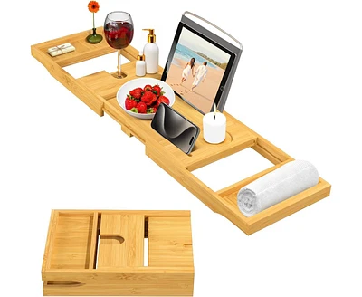 Bathtub Tray for Tub - Adjustable Bamboo Bath Collapsible & Folding Caddy Wood, Accessories