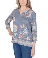 Alfred Dunner Petite Floral Border Split-Neck Top