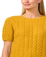 CeCe Women's Puff Short Sleeve Mixed Cable Knit Crew Neck Sweater