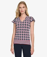 Tommy Hilfiger Women's Printed Flutter-Sleeve Top