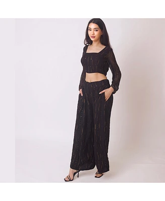 Raas Women's Black and Gold Palazzo Pantsuit with Long Sleeve Crop Top