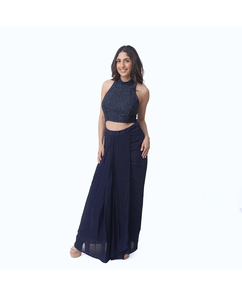 Raas Women's Navy Embellished Halter Crop Top and Draped Skirt Set