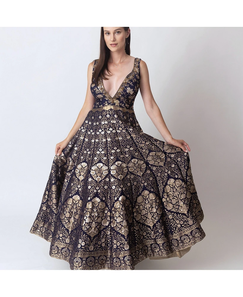 Raas Women's Blue and Gold Brocade Gown