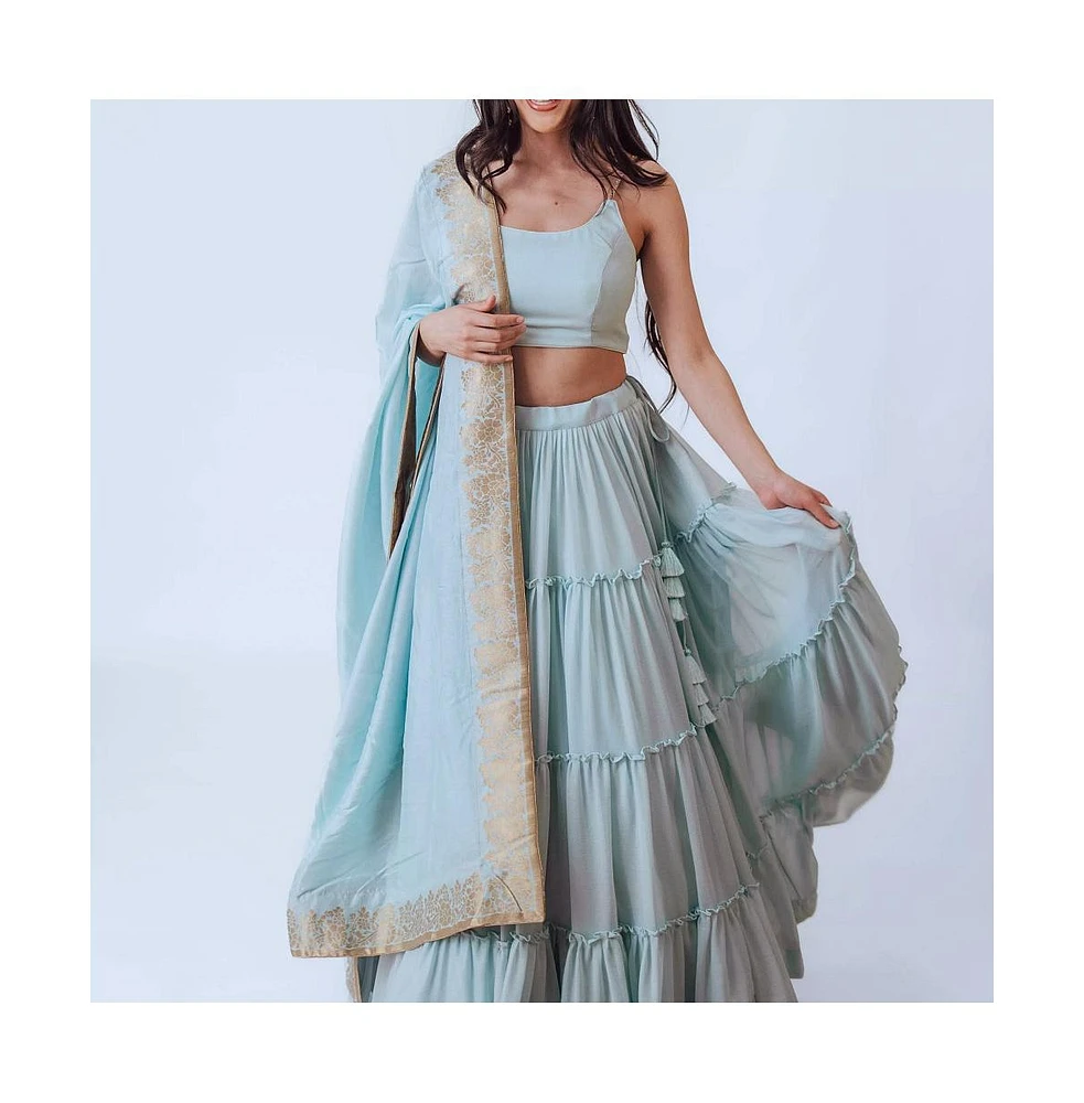 Raas Women's Shimmer Sky Blue Tiered Skirt with Blouse and Dupatta