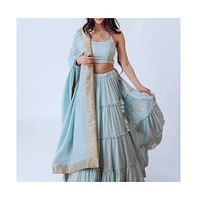 Raas Women's Shimmer Sky Blue Tiered Skirt with Blouse and Dupatta