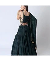 Raas Women's Green and Gold Lehenga Choli Set with Mirror Work Blouse Embellished Dupatta