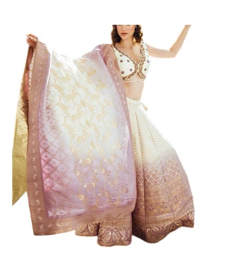 Raas Women's Off-White and Lilac Shaded Banarasi Silk Lehenga Choli